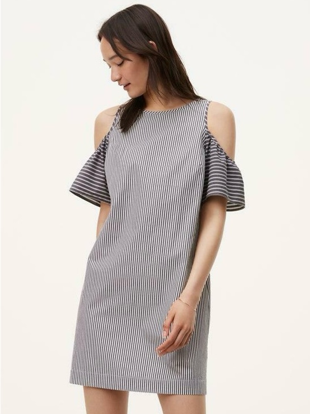 LOFT Mixed Stripe Cotton Poplin Cold-Shoulder Mini Shift Dress Minimalist Clean